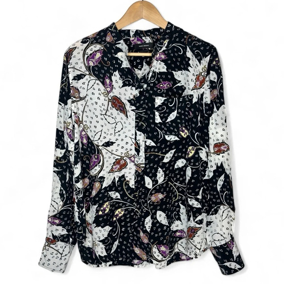 Isabel Marant Black White Purple Half Button Down Chest Pocket Silk Blouse Sz 40 - Picture 1 of 11